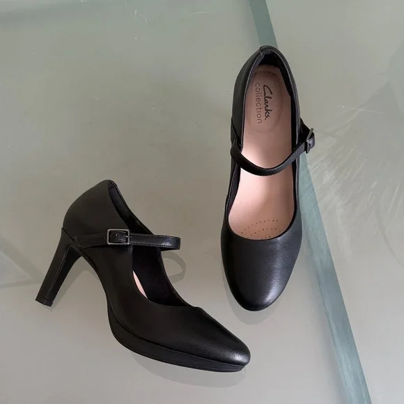 Clarks Mary Jane Heels Black Ankle Strap LEATHER Mary Jane Heels Size 8.5 - Picture 8 of 11